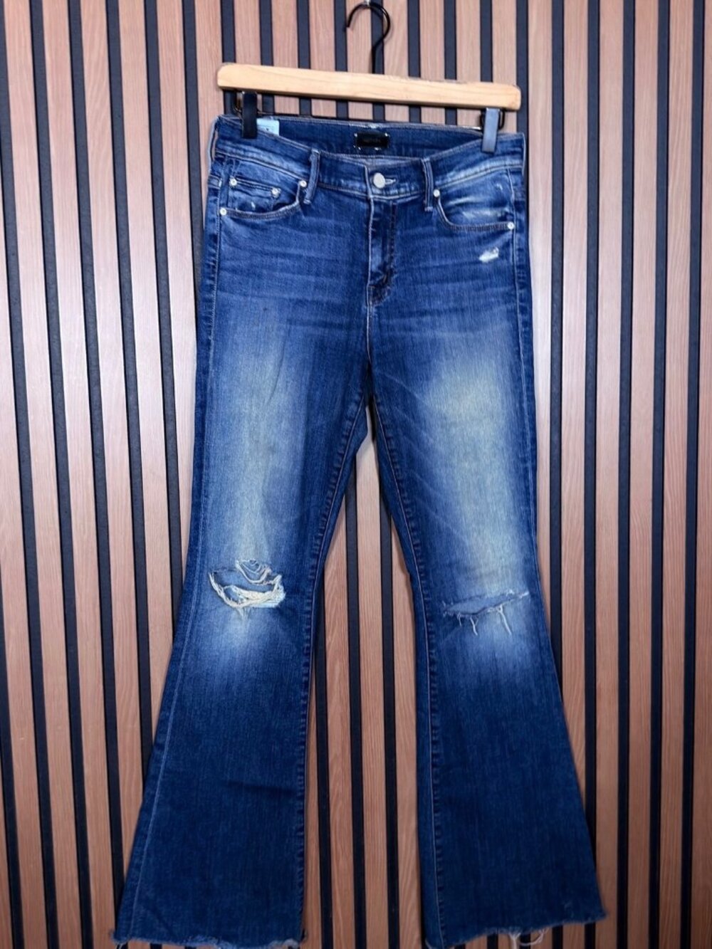 Mother Jeans 27 Womens Blue Denim Weekender Fray Stretch Flared Mid Rise